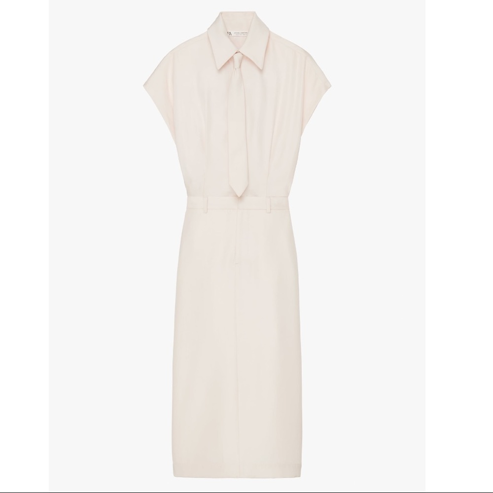 ZARA Limited Edition Tailored Layered Ecru Cream Corporate Midi Shirt Dress Tie - Picture 7 of 16